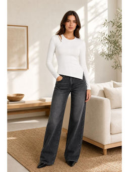 Cider - Round Neckline Solid Asymmetrical Long Sleeve Top