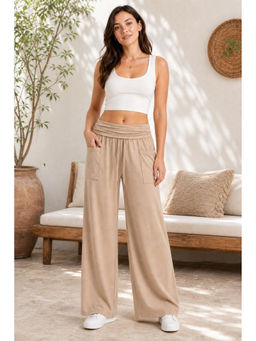 Cider - French Riviera Vacation Mid Rise Solid Ruched Pocket Wide Leg Trousers