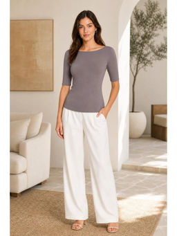 Cider - High Stretch Double Layered Boat Neck Solid Backless Short Sleeve Top