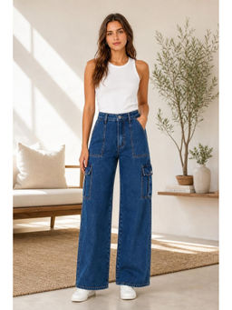 Cider - Navy Blue Alessia Solid Cargo Jeans