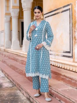 Kasya - Pastel Blue Cotton Relaxed Fit A-Line Kurta with Pant (Set of 2)
