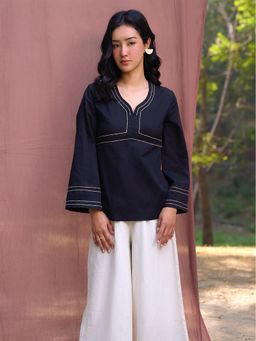 SRJANA - Kantha Embroidered High Slit Top - Navy Blue