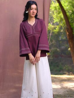 SRJANA - Kantha Embroidered High Slit Top - Purple