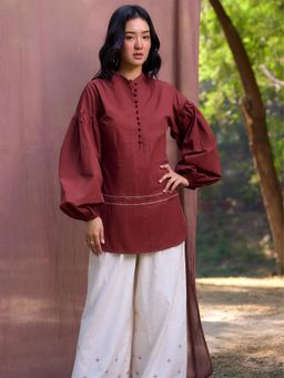SRJANA - Kantha Embroidered Bishop Sleeves Top - Maroon