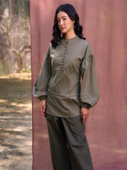 SRJANA - Kantha Embroidered Bishop Sleeves Top - Earthy Olive