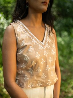 SRJANA - Hand Block Printed Embroidered Top - Brazilian Beige Sand
