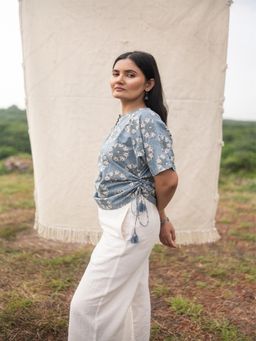 SRJANA - Hand Block Printed Side Dori Top - Endless Sky Blue