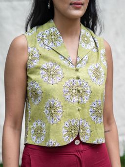 SRJANA - Hand Block Printed Shawl Collar Top - Sharp Green