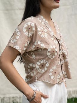 SRJANA - Hand Block Printed Front Potli Button Top - Brown