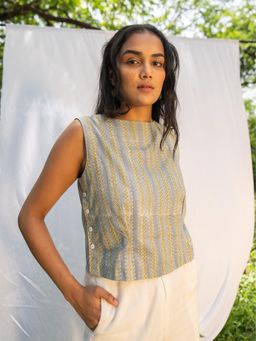 SRJANA - Hand Block Printed Side Button Top - Multi-Color