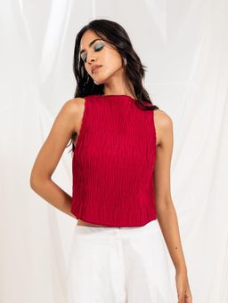 SRJANA - Crinkled Mock Neck Top - Red
