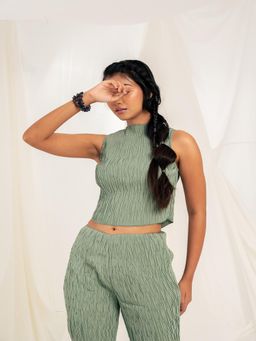 SRJANA - Crinkled Mock Neck Top - Sage Green