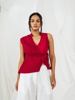 SRJANA - Crinkled Asymmetrical Tie Top - Deep Red