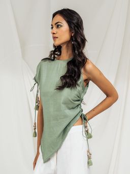 SRJANA - Asymmetrical Gather Top - Sage Green