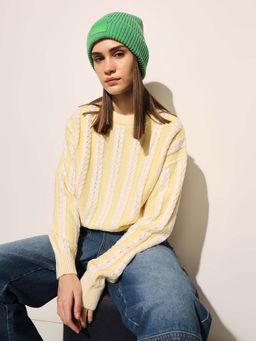 ONLY - Women's Self Design Regular Fit Yellow Sweater