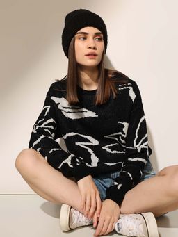 ONLY - Women's Abstract Print Regular Fit Black Sweater