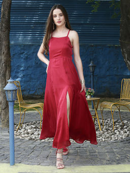 Sera - Red Cutout Crush Fit and Flare Maxi Party Satin Dress