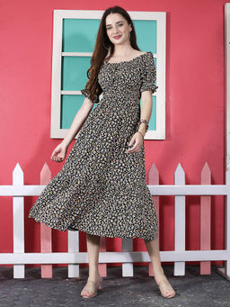 Sera - Women Black & Yellow Fit and Flare Casual Dress