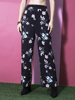 Sera - Women Black & Pink Floral Print Regular Trousers