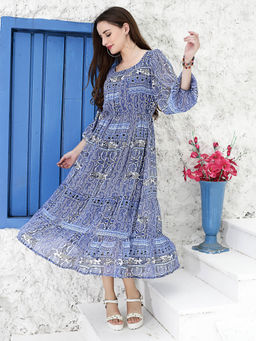 Sera - Women Blue Fit and Flare Midi Abstract Casual Dress