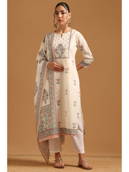Soch - Cream Floral Straight Three Fourth Sleeves Kurta Pant with Dupatta