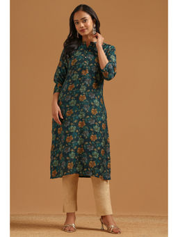 Soch - Teal Floral Straight Three Fourth Sleeves Kurta