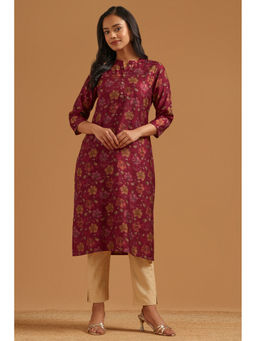 Soch - Wine Floral Straight Three Fourth Sleeves Kurta