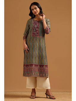Soch - Green Stripes Regular Round Neck Kurta