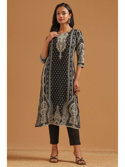 Soch - Black Printed Straight Three Fourth Sleeves Kurta