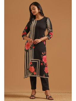 Soch - Black Floral Straight Three Fourth Sleeves Kurta