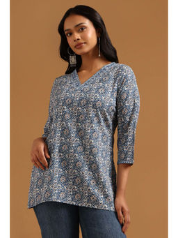 Soch - Blue Printed Straight Three Fourth Sleeves Tunic