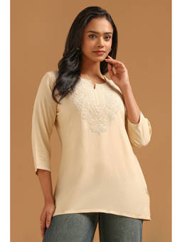 Soch - Beige Embroidered Straight Three Fourth Sleeves Tunic