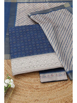Soch - Navy Blue Printed Unstitched Top & Bottom with Dupatta