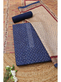 Soch - Navy Blue Printed Unstitched Top & Bottom with Dupatta