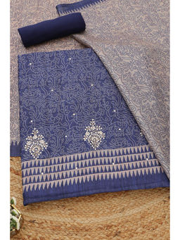 Soch - Navy Blue Printed Unstitched Top & Bottom with Dupatta