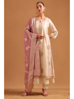Soch - Cream Embroidered Regular Round Neck Kurta Pant with Dupatta