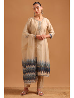 Soch - Beige Woven Straight Three Fourth Sleeves Kurta Pant with Dupatta