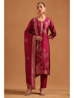 Soch - Magenta Printed Straight Three Fourth Sleeves Kurta Pant with Dupatta