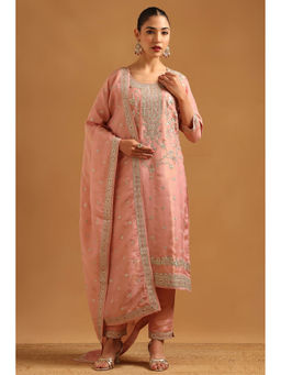 Soch - Pink Embroidered Straight Three Fourth Sleeves Kurta Pant with Dupatta