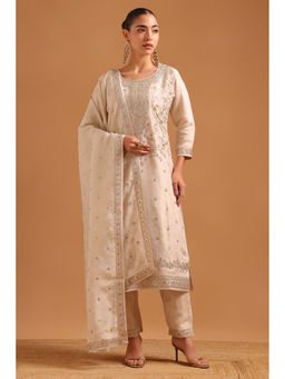 Soch - Cream Embroidered Straight Three Fourth Sleeves Kurta Pant with Dupatta