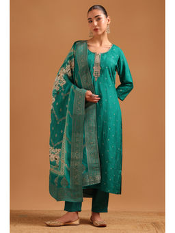 Soch - Teal Printed Straight Three Fourth Sleeves Kurta Pant with Dupatta