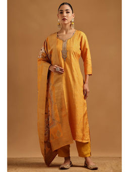 Soch - Mustard Embroidered Straight Three Fourth Sleeves Kurta Pant with Dupatta