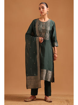 Soch - Green Printed Straight Three Fourth Sleeves Kurta Pant with Dupatta