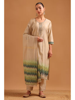 Soch - Beige Printed Straight Three Fourth Sleeves Kurta Pant with Dupatta