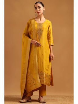 Soch - Mustard Printed Straight Three Fourth Sleeves Kurta Pant with Dupatta