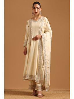 Soch - Cream Embroidered Regular V-Neck Anarkali Kurta Pant with Dupatta