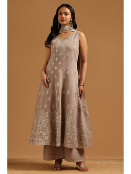 Soch - Grey Embroidered Regular Anarkali Kurta with Unstitched sleeve & Palazzo|Dupatta