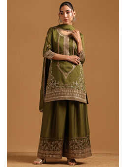 Soch - Green Embroidered Straight Three Fourth Sleeves Kurti Palazzo with Dupatta