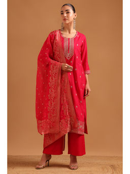 Soch - Pink Embroidered Straight Three Fourth Sleeves Kurta Pant with Dupatta