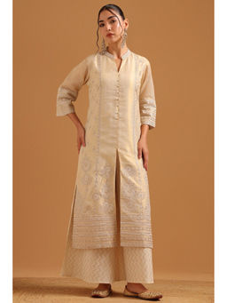 Soch - Beige Embroidered Regular Mandarin Neck Kurta & Palazzo